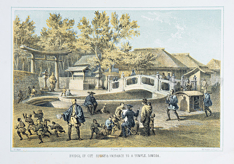 下田寺的桥和入口- 1856年石版